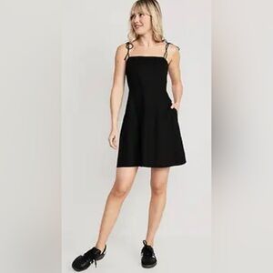 Old Navy Black Linen Blend Dress Sz XL Tie Strap A Line Cottagecore Dark Fairy